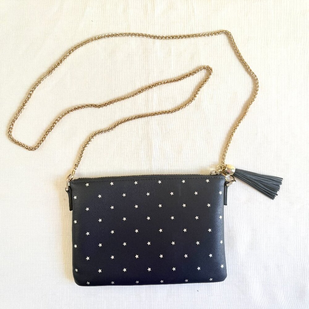 Mark & Graham Leather Tassel Zipper Crossbody Navy Blue Metallic Stars